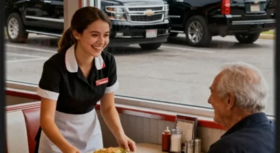 A Waitress Secretly Fed an Old Man Every Day — One Morning, Two SUVs Pulled Up to Her Diner