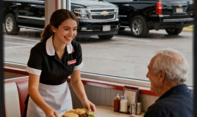 A Waitress Secretly Fed an Old Man Every Day — One Morning, Two SUVs Pulled Up to Her Diner